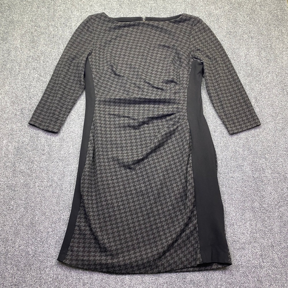 Lauren Ralph Lauren Womens 14 Gray Houndstooth Ruched Sheath Dress 3/4 Sleeve